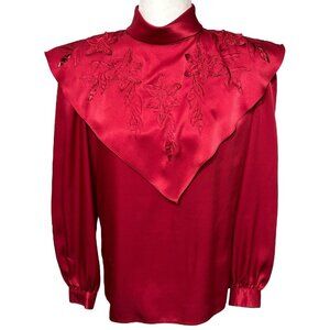 Vintage Nilani Red Satin Blouse With Embroidered Floral Yoke Size 9 /‎ 10